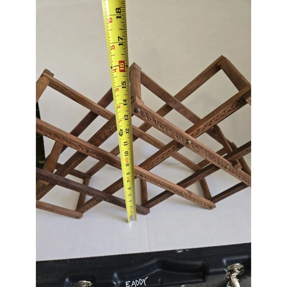 Vtg Carved Wood Accordion Wine Rack Primitive Heavy Duty WoodFolding Shelf Hang
